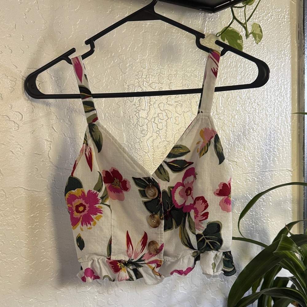 White Floral Button-Front Crop Top with Pink Flowers